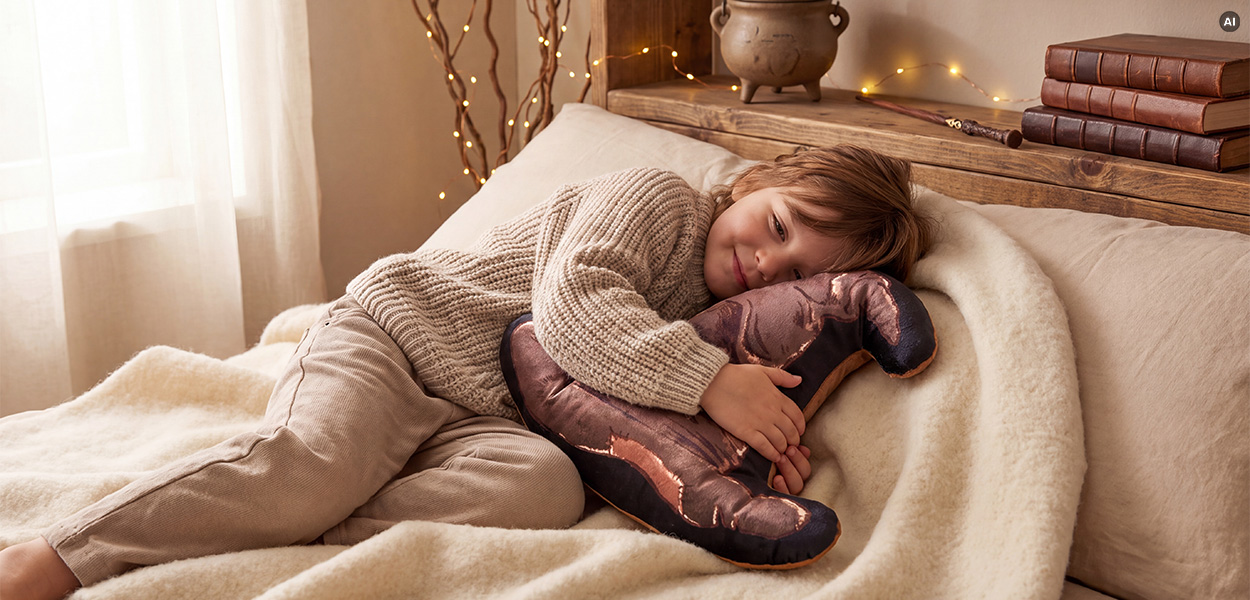 Harry Potter Kissen:
Kind kuschelt im gemütlichen Schlafzimmer mit einem Harry-Potter-Kissen.