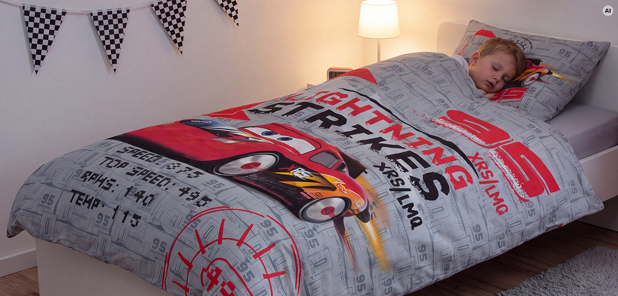 Disney Bettwäsche: Das Bild zeigt ein schlafendes Kind in einem gemütlichen Kinderzimmer. Es liegt in einem Bett mit grauer Disney-„Cars“-Bettwäsche mit Lightning McQueen in Rot. Daneben steht eine leuchtende Nachttischlampe, an der Wand hängt eine schwarz-weiß karierte Wimpelkette.