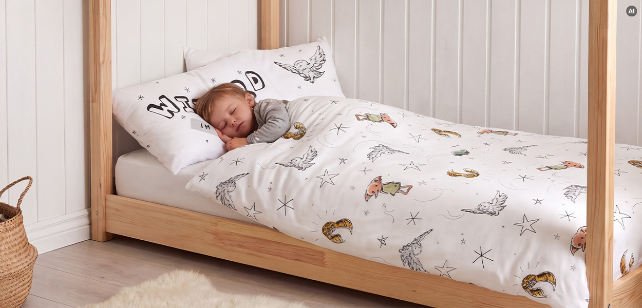 Harry Potter Bettwäsche: Das Bild zeigt ein schlafendes Kleinkind in einem hellen Holz-Kinderbett mit Seitenrahmen. Es ist mit weißer Bettwäsche zugedeckt, die Motive aus der Harry-Potter-Welt zeigt – darunter Sterne, Eulen, Zauberstäbe bzw. magische Symbole und der goldene Schnatz.