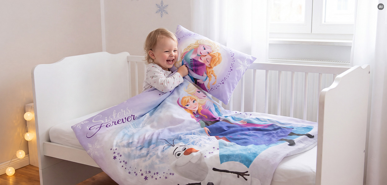 Disney Bettwäsche: Das Bild zeigt ein fröhliches Kleinkind in einem weißen Kinderbett. Es kuschelt mit einem Kissen und einer Bettwäsche im Disney-„Frozen“-Design mit Elsa, Anna und Olaf. Der Raum wirkt hell, freundlich und gemütlich; links sorgt eine kleine Lichterkette für eine warme Atmosphäre.