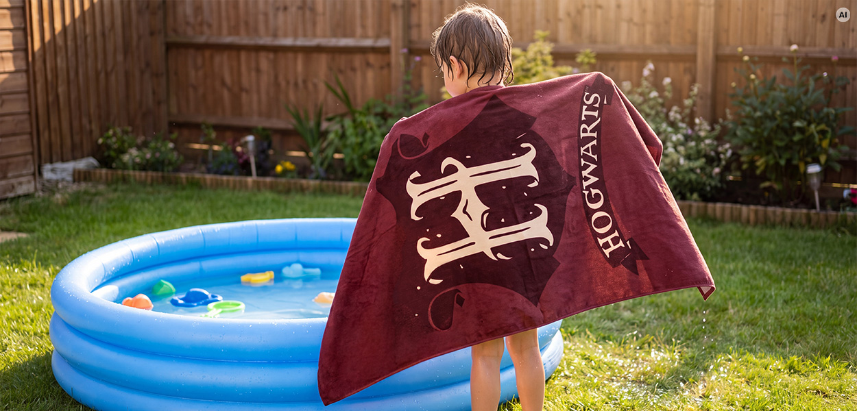 Harry Potter Handtücher: Kind trocknet sich im Garten nach dem Planschen mit einem roten Harry-Potter-Handtuch im Hogwarts-Design ab.