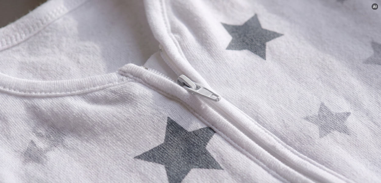 Babyschlafsack 2,5 TOG: Nahaufnahme eines weißen Babyschlafsacks mit grauem Sternenmuster und Reißverschluss.