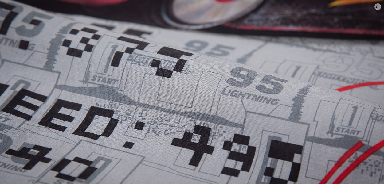 Disney Bettwäsche: Das Bild zeigt eine Nahaufnahme von Bettwäsche mit einem Rennsport-Design aus Disney/Pixar Cars. Zu sehen sind die Startnummer 95, der Schriftzug „Lightning“, Zielflaggenmuster sowie rote Linien auf grauem Stoff.
