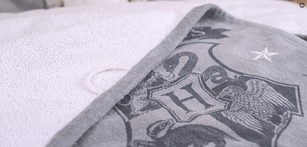Harry Potter Handtücher: Nahaufnahme eines grauen Harry-Potter-Velourstuchs mit Hogwarts-Wappen, Eule und Sternenmotiv.