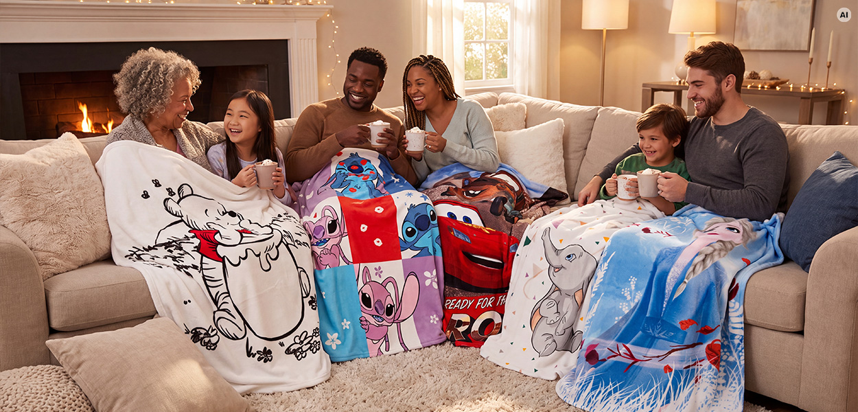 Disney Heimtextilien: Familie und Großmutter sitzen gemütlich mit Tassen auf dem Sofa vor dem Kamin und kuscheln sich in Disney-Decken mit Winnie Puuh, Stitch, Cars, Dumbo und Elsa aus Die Eiskönigin.