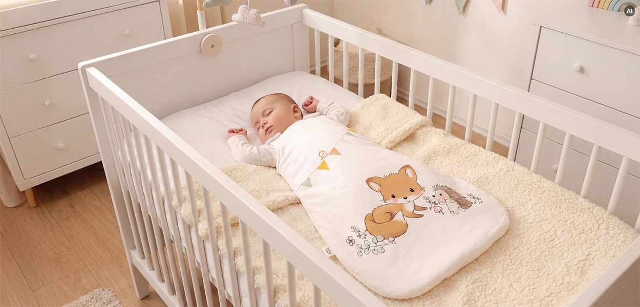 Babyschlafsack Größen: Baby schläft in einem weißen Gitterbett in einem Schlafsack mit Fuchs- und Igelmotiv.