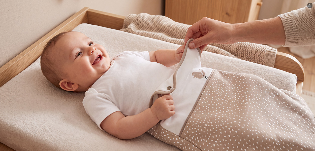 TOG-Wert beim Babyschlafsack: Lächelndes Baby liegt auf einer Wickelauflage, während eine erwachsene Person ihm einen beigen Babyschlafsack anzieht.