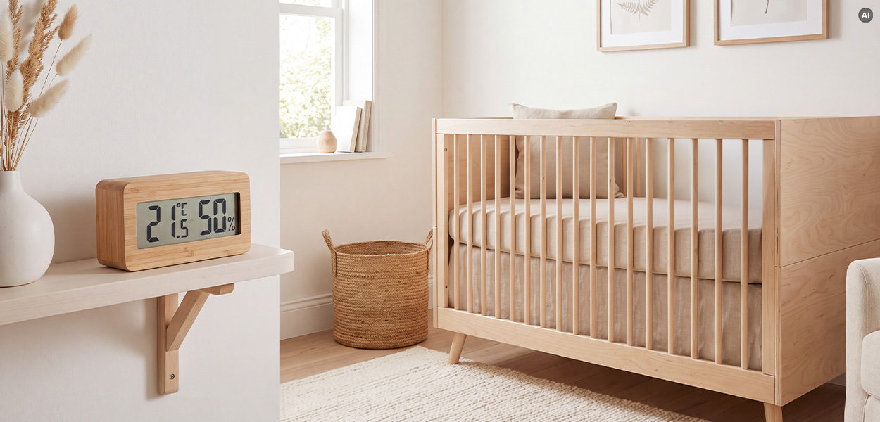 TOG-Wert beim Babyschlafsack: Digitales Thermometer zeigt 21,5 °C und 50 % Luftfeuchtigkeit neben einem hellen Babybett aus Holz.