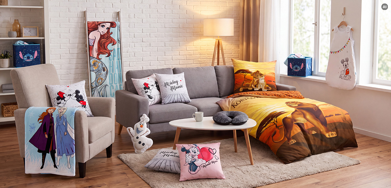 Disney Heimtextilien: Wohn- und Schlafzimmer mit Disney-Textilien und Deko: Der König der Löwen-Bettwäsche, Die Eiskönigin-Decke, Arielle-Handtuch sowie Mickey-, Minnie-, Stitch- und Olaf-Accessoires.