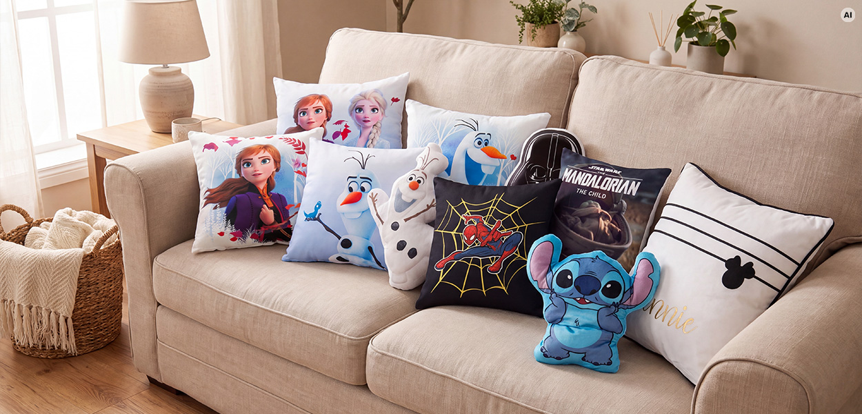 Disney Kissen: Gemütliches Sofa mit verschiedenen Disney-Kissen, darunter Frozen, Olaf, Spider-Man, Stitch, Star Wars und Minnie Mouse