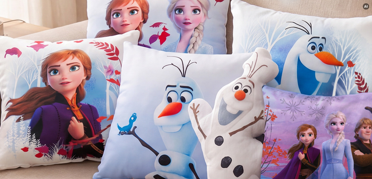 Disney Kissen: Das Bild zeigt mehrere dekorative Disney-„Die Eiskönigin“-Kissen auf einem hellen Sofa. Zu sehen sind vor allem Anna, Elsa, Olaf und Kristoff in unterschiedlichen Motiven und Größen. Die Kissen sind überwiegend in Weiß, Hellblau, Lila und Rot gestaltet und wirken weich, hochwertig sowie kindgerecht.