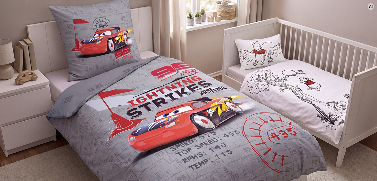 Disney Bettwäsche: Das Bild zeigt zwei Disney-Bettwäsche-Sets in unterschiedlichen Größen: links ein großes Einzelbett mit grauer „Cars“-Bettwäsche und Lightning McQueen, rechts ein kleines Kinderbett mit weißer „Winnie Puuh“-Bettwäsche.